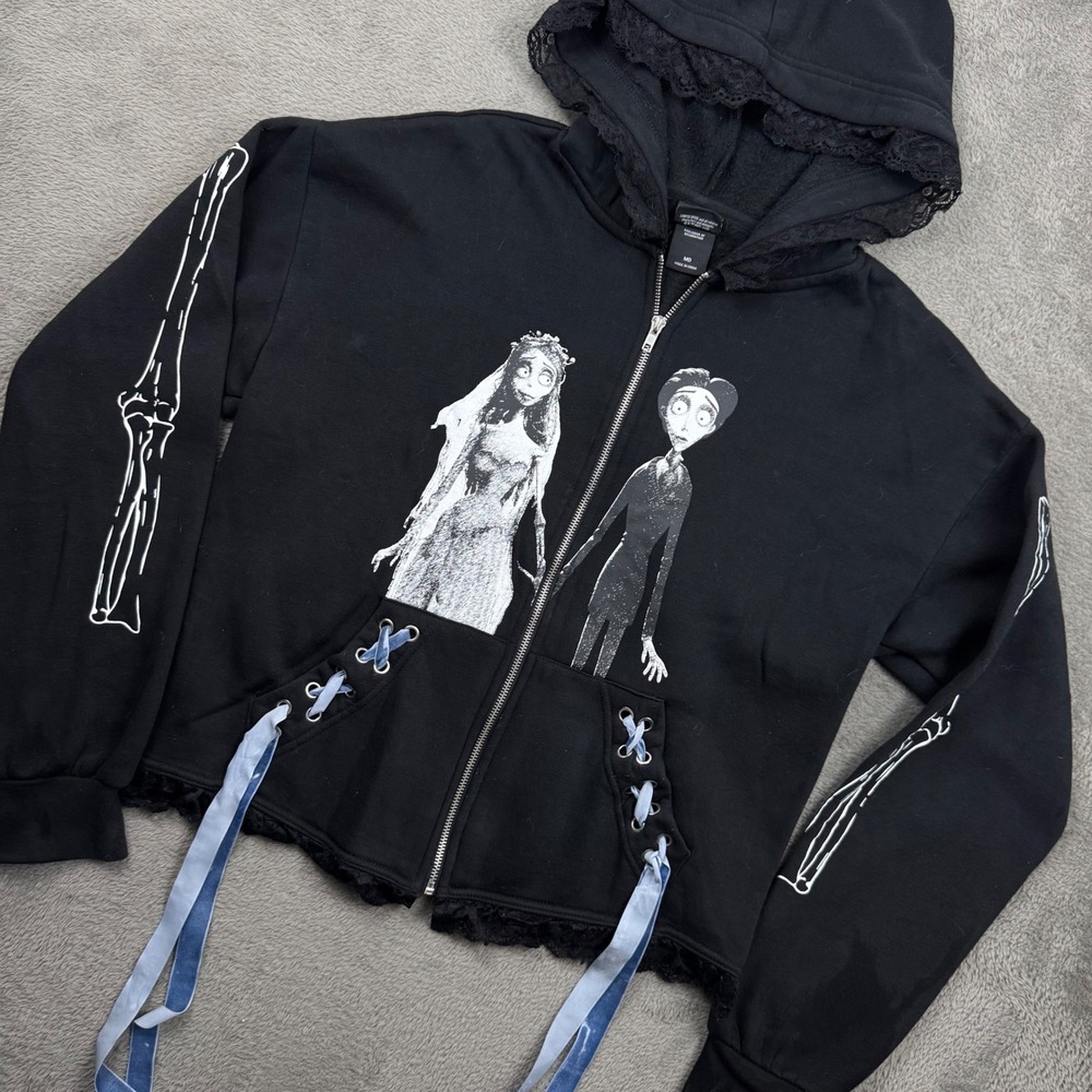 Corpse Bride Zip Up Hoodie Women MD Black Excellent Lace Trim Corset Detail